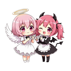 LINEスタンプ「天使と小悪魔｜あまえんぼ」メインビジュアル。天使のひなのと小悪魔のくろはが寄り添っている